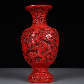 An Exquisite Carved Red Lacquer Auspicious Cloud and Dragon Pattern Vase