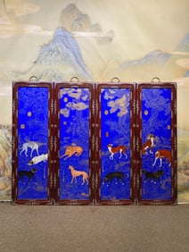 A Set of Fine Redwood Painted Color Inlaid Porcelain Plaques Enamel Animal Pattern Hanging Panels