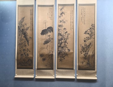 A Set of Chinese Vertical Scroll Ink Painting of Flower on Paper