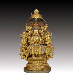 solemn gilt bronze statue of Bodhisattva inlaid with turquoise