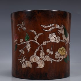 An Exquisite Huanghuali wood Inlaid Gems Flower and Bird Pattern Brush Pot