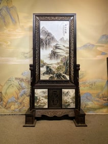 An Exquisite Redwood Inlaid Porcelain Plaques Ink Color Landscape Pattern Screen,with Poem