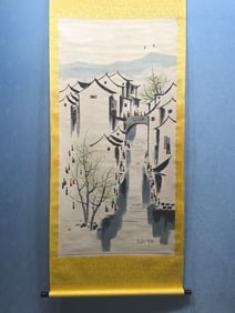 A Chinese Vertical Scroll Ink Painting of Landscape and Figure on Paper