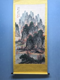 A Chinese Vertical Scroll Ink Painting of Landscape and Figure on Paper