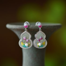 A Pair of Exquisite Sterling Silver Inlaid White Jade Earrings