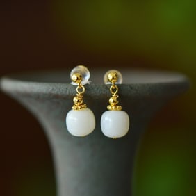 A Pair of Exquisite Sterling Silver-Gold Plated Inlaid White Jade Earrings