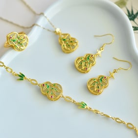 A Set of Fine Sterling Silver-Gold Plated Inlaid Greenish Jade Enamel Jewelry