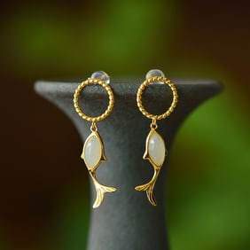 A Pair of Exquisite Sterling Silver-Gold Plated Inlaid White Jade Earrings