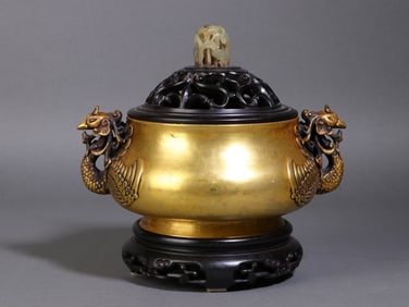 A Exquisite Gilt Bronze Dragon-Ear Censer