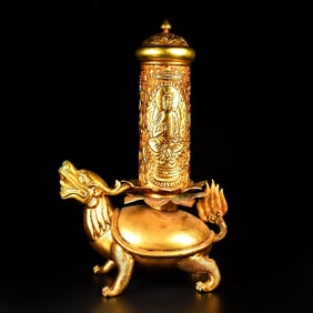 A Rare Gilt Bronze Relief Tortoise Scripture Tube
