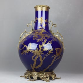 A Exquisite Ji Blue Glazed Inlaid Copper Gilded Pomegranate Pattern Double Ear Vase