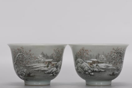 Famille-Rose Snowscape Landscape and Poem Cup