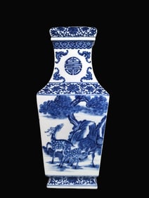 A Exquisite Blue and White Lotus Pattern Pine Deer Pattern Square Vase
