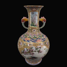 Enamel Flower and Bird Double-Ears Vase