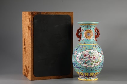 Turquoise-Glazed Dragon Pattern Double-Ears Vase