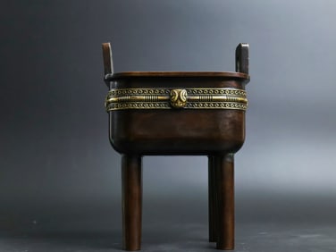 A Rare Red Copper Relief Carved and Gilt Square-Ears Censer