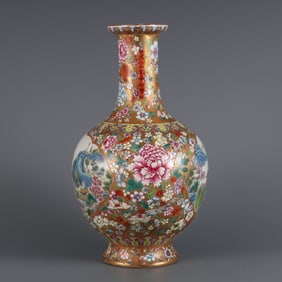 A Rare Gold Ground Famille-Rose Landscape and Figures Pattern Vase