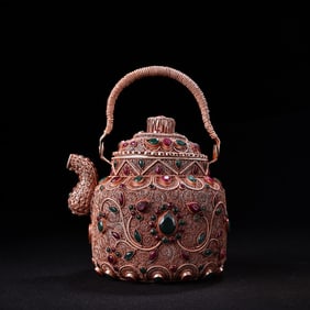 A Exquisite Gilt Silver Copper Inlaid Gems Ewer