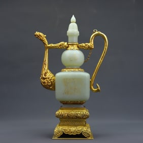 A Rare Gilt Silver Inlaid hetian jade Figures Pattern Ewer