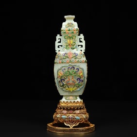 A Exquisite Hotan Jade Cloisonne Gilt Inlaid Gems Vase