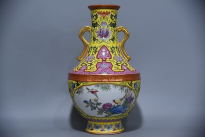 A Exquisite Yellow Ground Famille-Rose Flower and Bird Pattern Double-Ears Vase