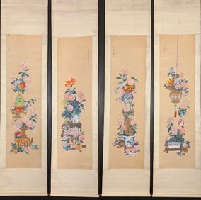 A Set of Chinese Vertical Scroll Ink Paintings of Flowers