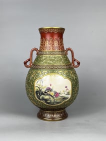 Enamel Carved Painted Gold Flower and Bird Pattern Double-Ears Vase