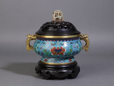 A Exquisite Cloisonne Lotus Flower Pattern Double-Ear Censer