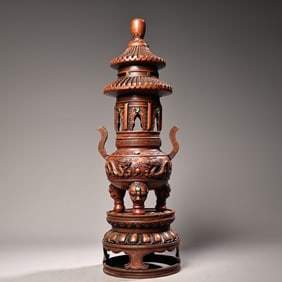 A Exquisite Red Copper Inlaid Gems Censer