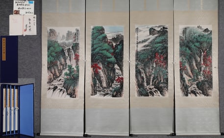 A Set of Chinese Vertical Scroll China Ink Painting of Landscape on Paper