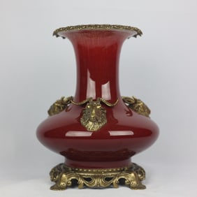 A Exquisite Red Glazed Inlaid Copper Sheep Head Three Ear Vase
