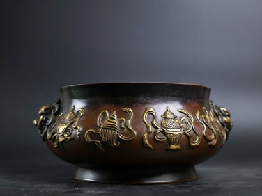 A Rare Red Copper Relief Carved and Gilt Lion-Ears Censer