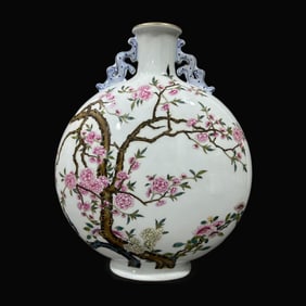 A Exquisite Famille-Rose Peach Blossom Moon-Holding Vase