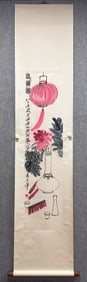 A Chinese Vertical Scroll Ink Painting of Utensils on Paper