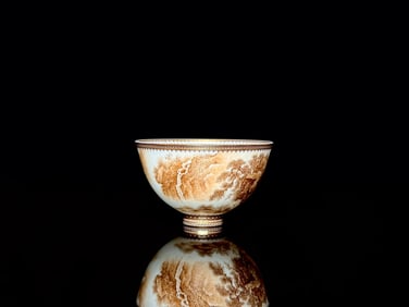 Dark Reddish-Brown Color Glaze Painted Gold Landscape Pattern Cup