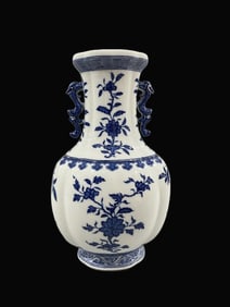 A Rare Blue and White Flower Fruit Pattern Dragon Ear Vase