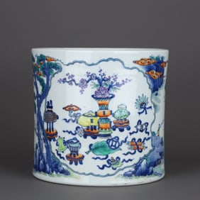 Doucai Landscape and Figures Pattern Brush Pot
