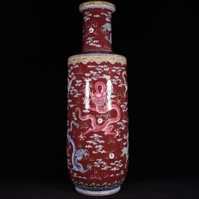 Famille-Rose Ruby Red-Glazed Ground Auspicious Cloud-Dragon Pattern Vase