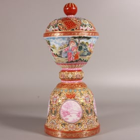 A Exquisite Enamel Carved Gold Ground Figures Pattern Censer