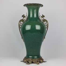 A Exquisite Green Glazed Inlaid Copper Double Ear Vase