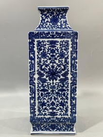 A Rare Blue and White Lotus Ganoderma Pattern Square Vase