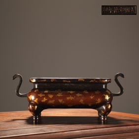 Bronze Body Sprinkled Gold Square-Shaped Double-Ears Censer
