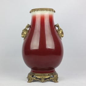 A Exquisite Red Glazed Inlaid Copper Double Ear Vase