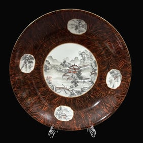 A Exquisite Wood Grain Glaze Open-Window Ink Color Landscape Large Plate