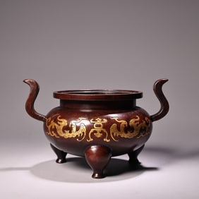 A Exquisite Red Copper Gilt Gold Phoenix Pattern Censer