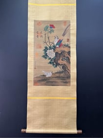 A Chinese Vertical Scroll Ink Flower and Bird Painting on Silk