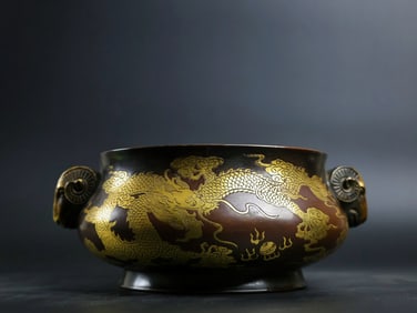 A Rare Red Copper Relief Carved and Gilt Sheep-Ears Censer