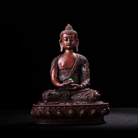 A Exquisite Copper Inlaid Gems Buddha Statue Ornament
