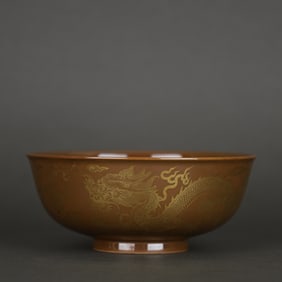 Purple-Gold Glazed Painted Gold Dragon Pattern Bowl