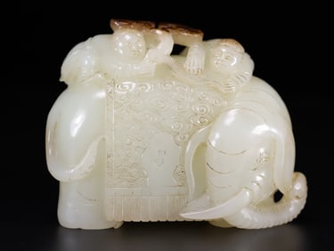 A Rare Hetian Jade Child-washing-Elephant Ornament